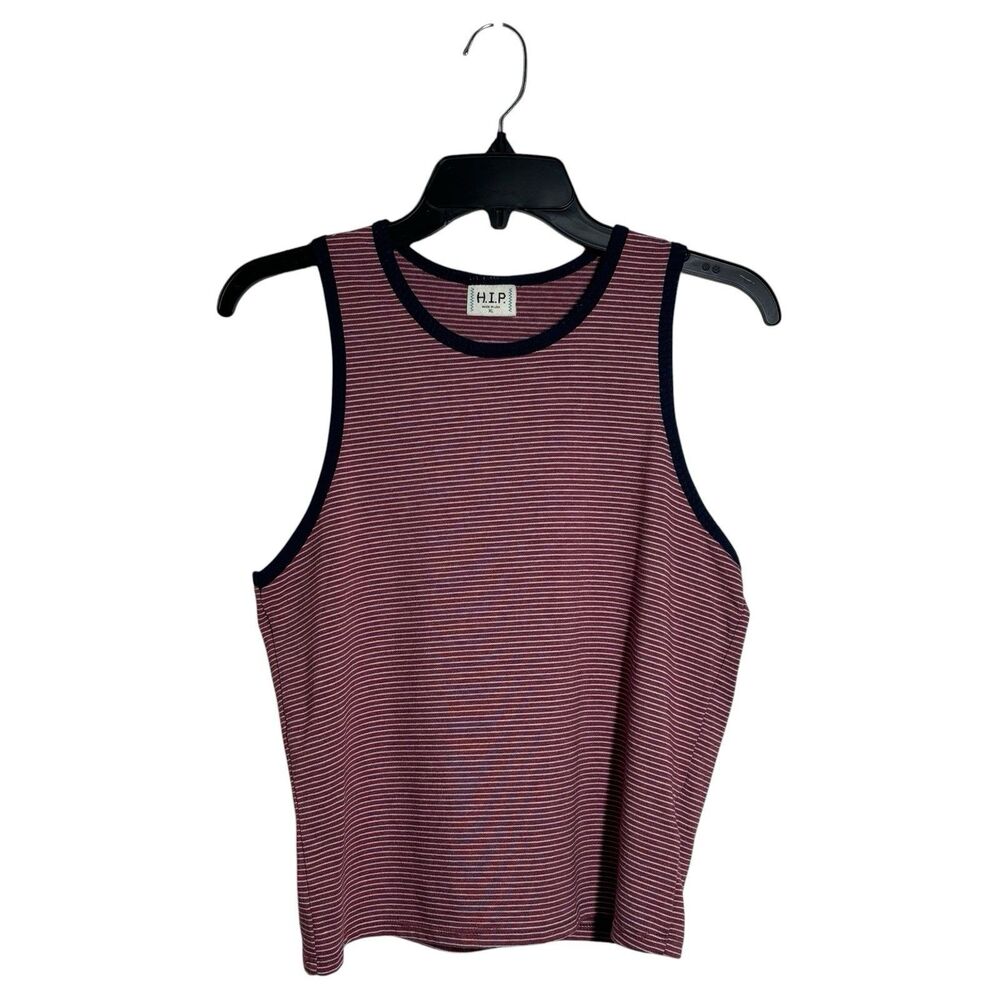 H.I.P. Dark Red Micro Striped Navy Ringer Tank Top Tag XL/Fits M Retro 70s Sport